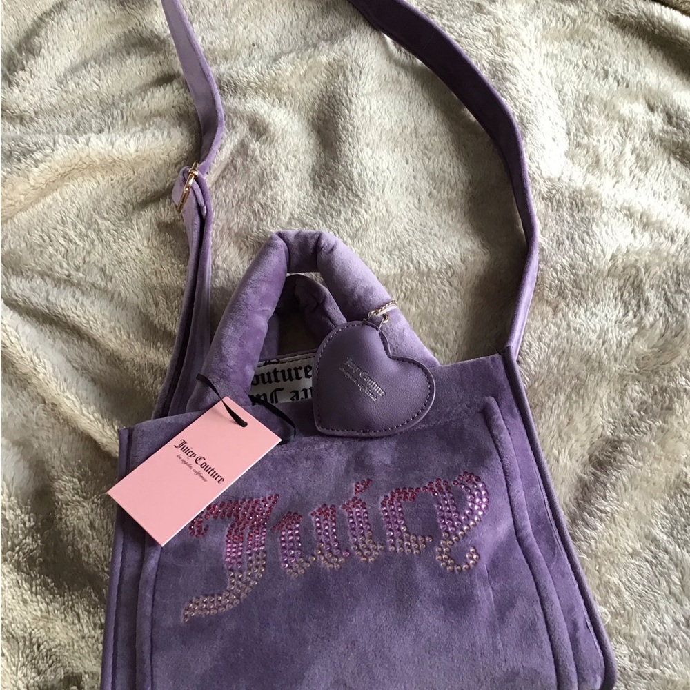 Juicy Couture Free Love Big Spender Fluffy Mini Tote Purple handle pocket New